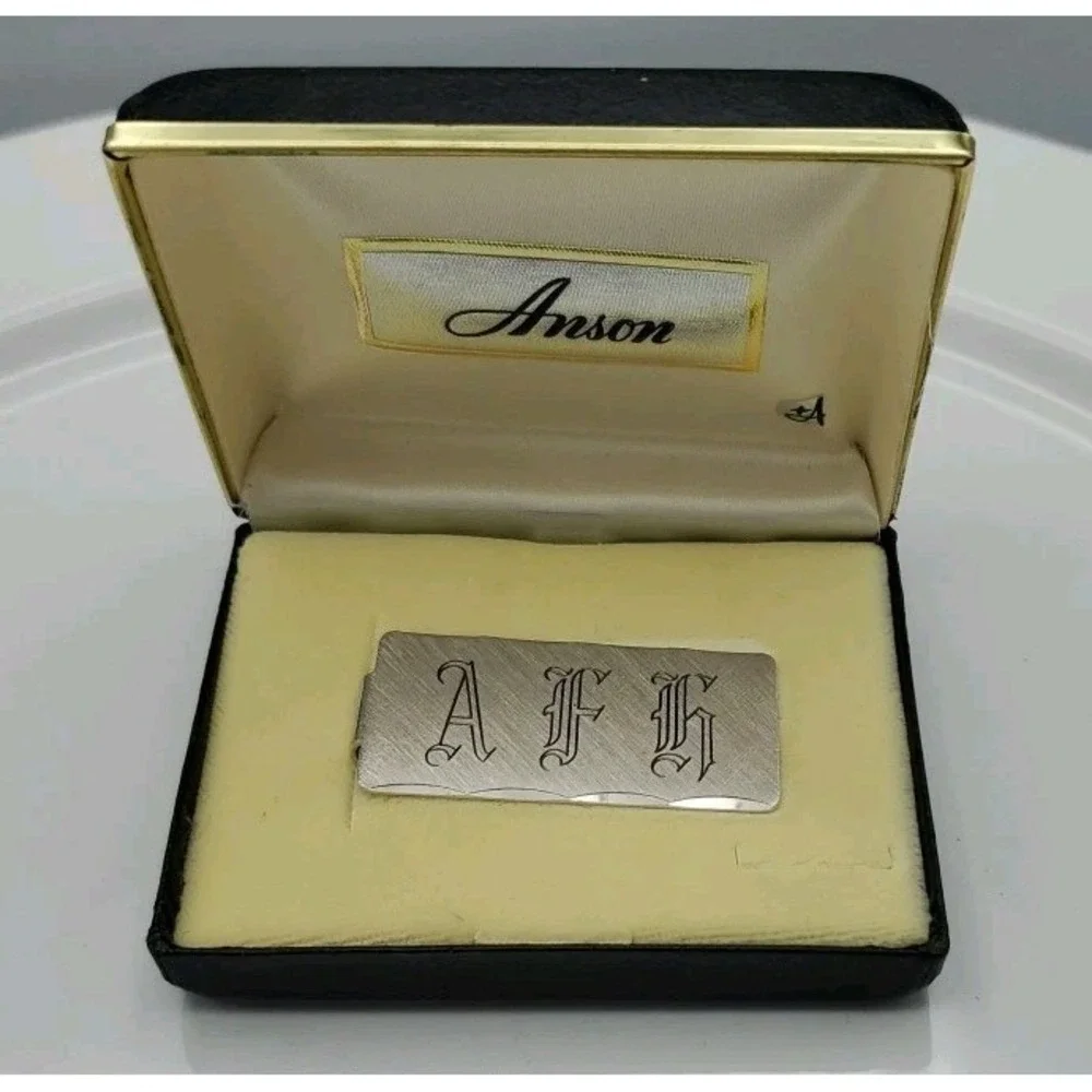 Vtg Anson Money Clip 1/10 Silver Overlay Embossed Plaid‎ Engraved Initials AFH
